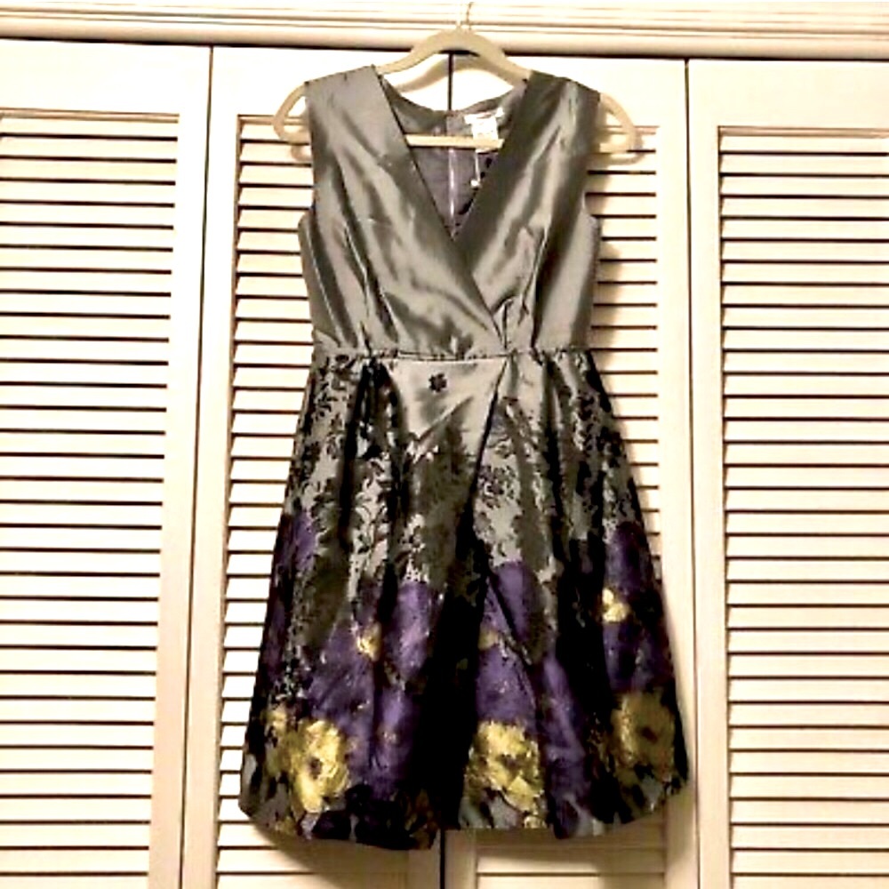 ESLEY ModCloth Silver Purple Gray Floral Satin Fit and Flare Faux Wrap Dress